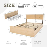Bed Frame with Natural Rattan Headboard and Wooden 4 Storage Drawers, Metal Platform with Strong Wooden Slats Support, Bed Frame