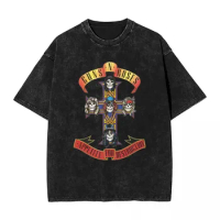 Guns N Roses Logo Washed T Shirts Streetwear Hip Hop Fashion T-Shirts Tees Tops Men Women Cotton Oversize Summer