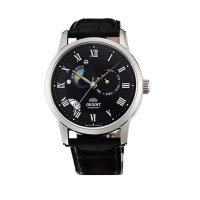 【ORIENT 東方錶】官方授權T2 SUN&amp;MOON系列 羅馬數字日月相錶 男皮帶錶-黑色-錶徑42mm(SET0T002B)