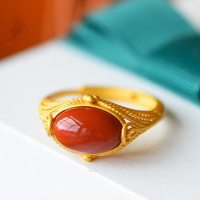 宮廷風仿南紅瑪瑙大蛋面古法金工藝女指環可開口不掉色不過敏戒指