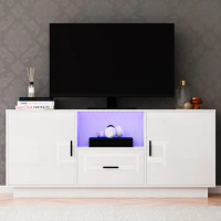 LED TV Stand for 60/65 Inch TV, Modern TV Console with Storage, White Entertainment Center with High Gloss
