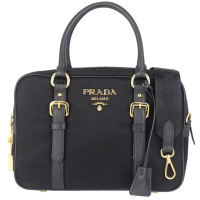 【PRADA 普拉達】品牌標誌尼龍皮飾邊方形鎖頭斜肩/手提包(黑色)