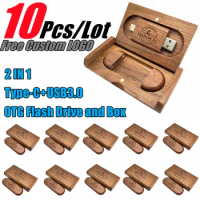 10Pcs/Lot Free Custom Laser Engraving LOGO Walnut OTG Flash Drive 2 IN 1 Type-C+ USB3.0 16GB 32GB 64GB 128GB and Walnut Box