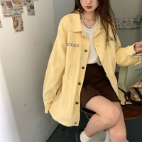 vintage古著奶黃色燈芯絨外套女春秋季寬松百搭設計感開衫夾克