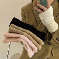 Half finger gloves female winter plush warm student writing fingerless typing knitted half finger long glove wrist guard