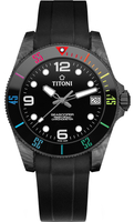 TITONI 梅花錶 SEASCOPER 600 彩虹陶瓷錶圈 瑞士天文台官方認證 潛水機械腕錶(83600C-RA-256)-42mm-黑面膠帶【刷卡回饋 分期0利率】