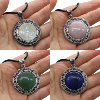 Natural Stone Pendant Antique Silver Color Round Lapis Lazuli Crystal Opal Necklace Trendy Reiki Healing Gifts