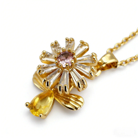 Elegant Crystal Flower Necklace | Premium Pink & Yellow Gem Accent & Baguette CZ Petal Pendant | Gol