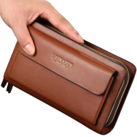 LEINASEN Luxury Brand Men Wallets with coin pocket Double Zipper Male Wallet long Large Men Purse coin Clutch Bag Black Business