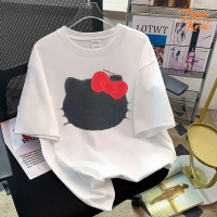 Baju T-Shirt Wanita Lengan Pendek Motif Kartun Kucing & Pita - Katun Tipis Bernapas Tren 2025 Desai