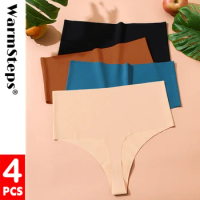 WarmSteps 4Pcs/Set Women's Panties High Rise Thongs Sexy Women Underwear Solid Ice Silk Lingerie Female G Strings Thongs Tangas