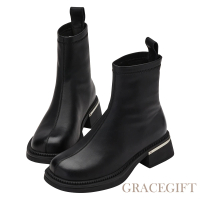 【Grace Gift】前衛金屬感圓頭厚底襪靴