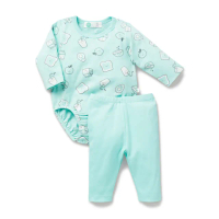 【Purebaby】Little Green &amp; Co有機棉 嬰兒包屁衣套裝 粉綠(新生兒 連身衣 長褲)