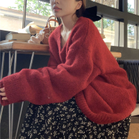 ANNAS 韓國慵懶V領毛衣 紅色 黑色 軟軟毛衣 長版 顯瘦 露鎖骨 露肩 性感 過年 新年 聖誕節