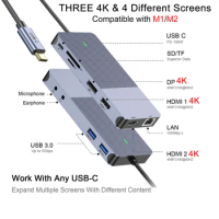Displaylink 4K Dual HDMI USB Type C Dock Three Adapter Hub Laptop Docking Station For Lenovo ThinkPad HP Dell XPS M1 M2 MacBook