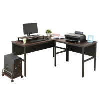 【DFhouse】頂楓150+90公分大L型工作桌+主機架+桌上架-胡桃色