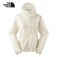 【The North Face】北面女款米白色防潑水舒適透氣可打包連帽防風外套｜87VRQLI