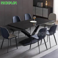 Luxury Rectangle Mesa Extendable Slate Marble Dining Table Set 6 Chairs 8 Seater Folding Dining Room Furniture Sets