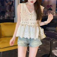 French-style hollow-out knitted vest for women, new summer fashion, chic and beautiful sleeveless to