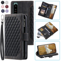 Fashion Zipper Wallet Case For Sony Xperia 5 III Flip Cover Multi Card Slots Cover Phone Case Card Slot Folio with Wrist Strap