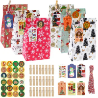 1set High Quality Christmas Kraft Paper Baking Packaging Bags Sticker Wooden Clip Gift Bags Set DIY Snack Biscuits Paper Bags