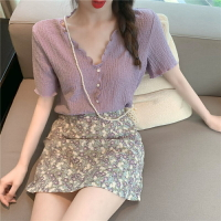 夏季時尚氣質V領雪紡衫套裝裙女碎花高腰包臀短裙洋氣兩件套