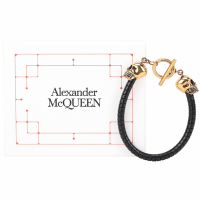Alexander McQueen 仿古金骷髏頭牛皮手環(黑色)