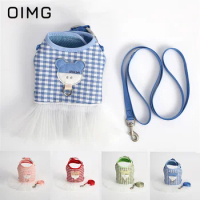 OIMG Cute Pet Towing Rope Small Dogs Teddy Pomeranian Chest Strap Spring Summer White Plaid Bear Princess Dress Towing Rope