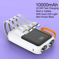 Mini Power Bank Portable Charger Fast Charging External Battery Pack 10000mAh Powerbank With Cables LED Light For iPhone Samsung
