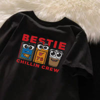Gaya Korea longgar leher bulat reka bentuk menawan BESTIE cup print T-shirt