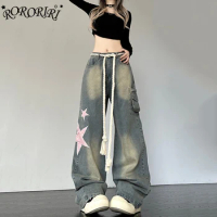 RORORIRI Star Y2k Women Baggy Jeans Plus Size Stitch Distressed Big Pocket Wide Leg Casual Skater Oversize Pants Vintage Clothes