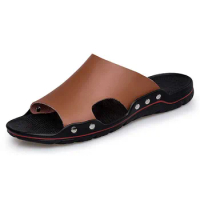 2019 New Men Slippers Summer Flat Summer Man Shoes Breathable Beach Slippers Split Leather Flip Flops Mens Slippers Size 38-48