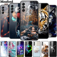 For Samsung A14 A34 A54 5G Tempered Glass Case Flowers Back Cover Hard Case for Samsung Galaxy A54 A34 A14 Funda Tiger New Coque