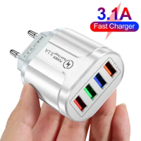 3.1A 4 Ports USB Travel Charger Fast Charge QC 3.0 Wall Charging For iPhone 14 13 Samsung Xiaomi Mobile EU Plug Charging Adapter