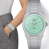 【TISSOT 天梭 官方授權】PRX系列 70年代復刻石英女錶-薄荷綠/35mm 520禮物 送禮(T1372101109100)