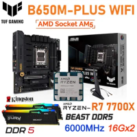 New AMD B650 Motherboard Kit ASUS TUF GAMING B650M-PLUS WIFI Socket AM4 Mainboard AMD R7 7700X CPU Kingston 6000MHz 32GB Memory