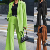 Tesco Autumn Women Suit 2 Piece Solid Long Sleeve Blazer Coat Straight Wide Leg Pants Loose Casual Female Suit blazer mujer