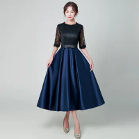 Navy Blue Mother Of The Groom Dress With Belt Elegant Tea Length Mother Of The Bride Gown For Wedding Party