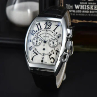 Franck Muller Fashion Watch for Men Designer Tonneau Quartz Casual Leather Strap Luxury Business Wristwatch Relogio Masculino