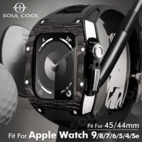 Carbon Fiber Case for Apple Watch 9 8 7 45mm Mod Kit For iWatch 44mm 6 5 4 SE Fluororubber Strap Band Silver