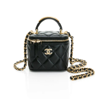 【CHANEL 香奈兒】Small Vanity with Chain 經典菱格提把刻印字母皮穿鏈迷你小方盒/化妝包/鏈帶包(黑/金)