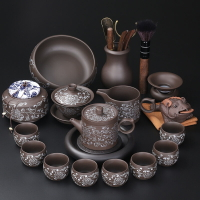 紫砂功夫茶具套裝 家用銀繪纏枝蓮茶壺蓋碗壺承茶洗茶道高端茶具