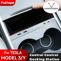 Futhope Docking Station for Tesla 2021-2023 Model 3 Model Y Center Control Storage Box 27W Fast Charger USB Type C Car Trim