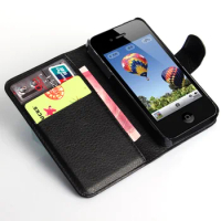Fashion Wallet card stent Case for Apple iPhone 4 4s Lichee Pattern Cases Flip leather protect Cover black for iPhone4 iPhone4s