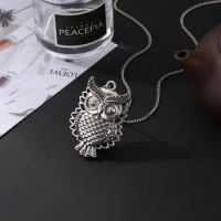 Ethnic Style Vivid Animals Cute Carved Owl Pendant Long Thin Chain Vintage Antique Silver Plated Necklaces For Women