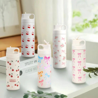 【L Cry】    500ml Stainless Steel Bow Thermo Water Bottle Double-layer Cherry Print Vacuum Cup Leak P