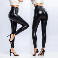 Leather Leggings Sport Womens Leggings Ladies Seamless leather Wet Look Shiny Disco High Waist Slim Trouser Pants Штаны @40