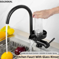 Cup Rinse and Hot &amp; Cold Kitchen Sink Faucet SUS304 Stainless Steel 9 Holes High Pressure Spray Rotation Household