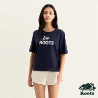 【Roots】Roots女裝-繽紛花卉系列 刺繡花卉寬版短袖T恤(軍藍色)