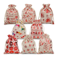 16Pcs Christmas Drawstring Gift Bags Burlap Gift Pouch Goody Bags for Candy Wrapper Gift Christmas Party Favor Supplies